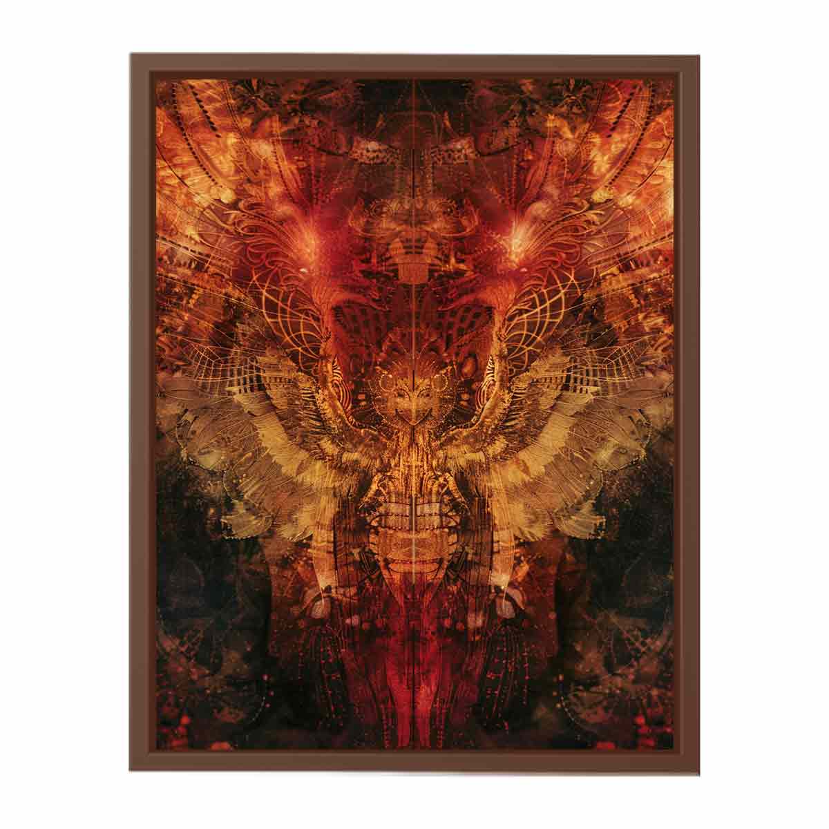 Abstract winged owl canvas art with red, copper, and gold details for dramatic modern wall decor.
