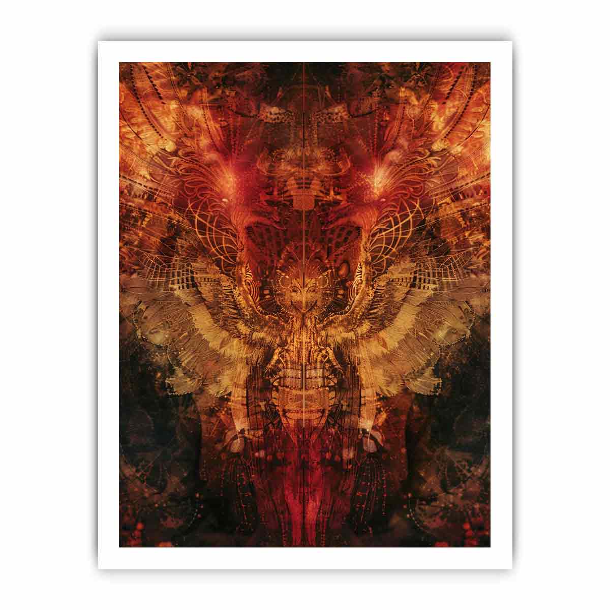 Abstract winged owl canvas art with red, copper, and gold details for dramatic modern wall decor.