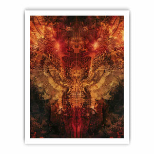 Abstract winged owl canvas art with red, copper, and gold details for dramatic modern wall decor.