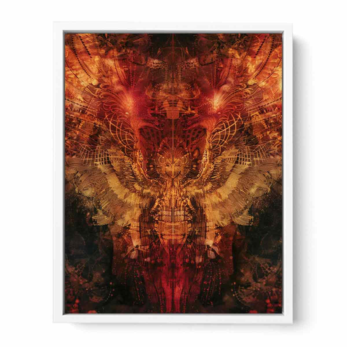 Abstract winged owl canvas art with red, copper, and gold details for dramatic modern wall decor.