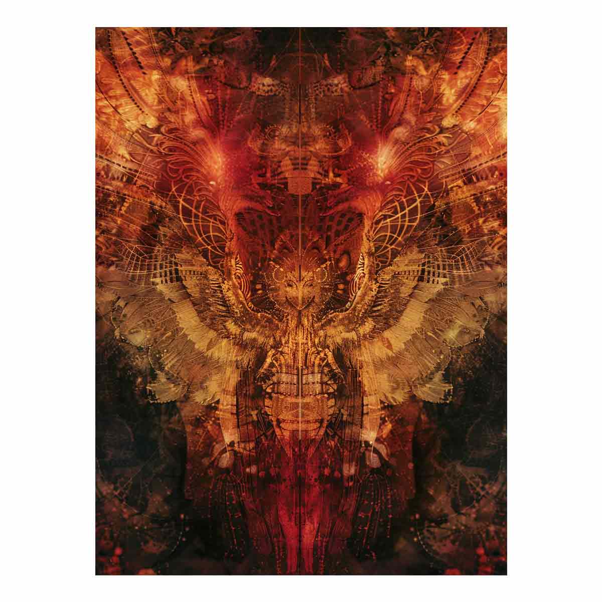Abstract winged owl canvas art with red, copper, and gold details for dramatic modern wall decor.