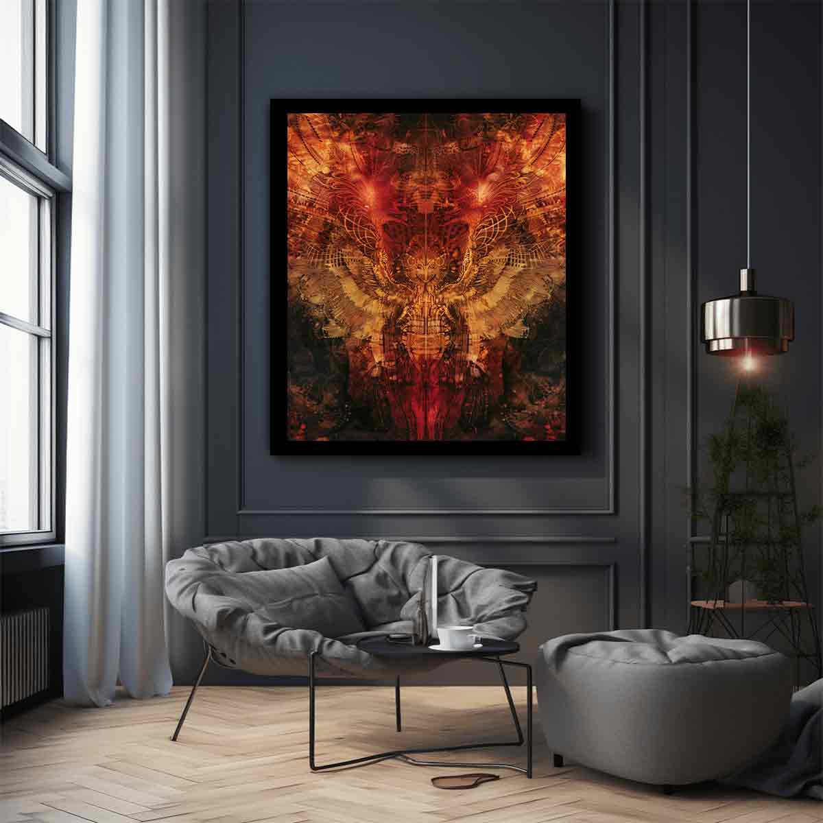 Abstract winged owl canvas art with red, copper, and gold details for dramatic modern wall decor.