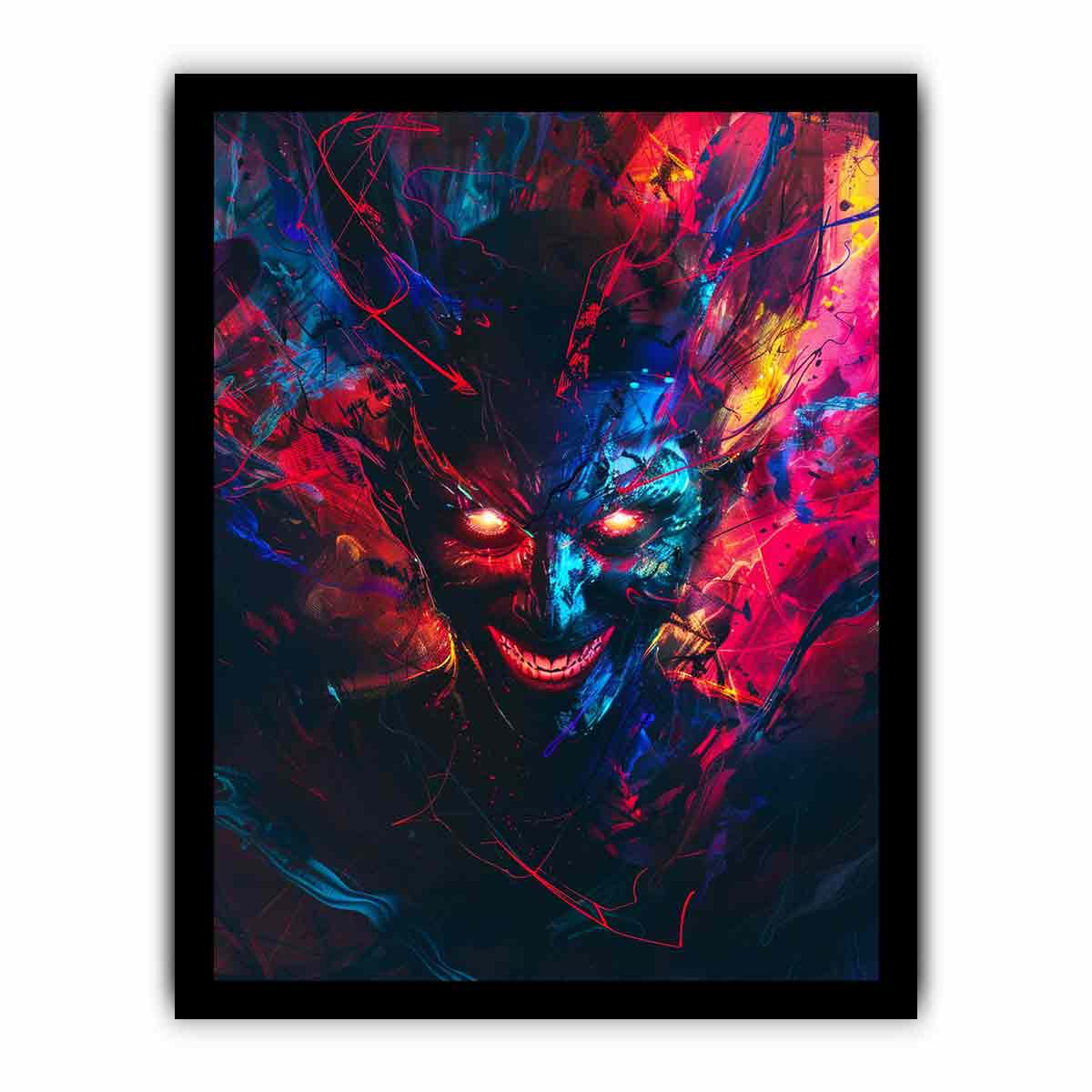 Neon demon face canvas art with glowing eyes and abstract graffiti energy for bold studio wall decor.
