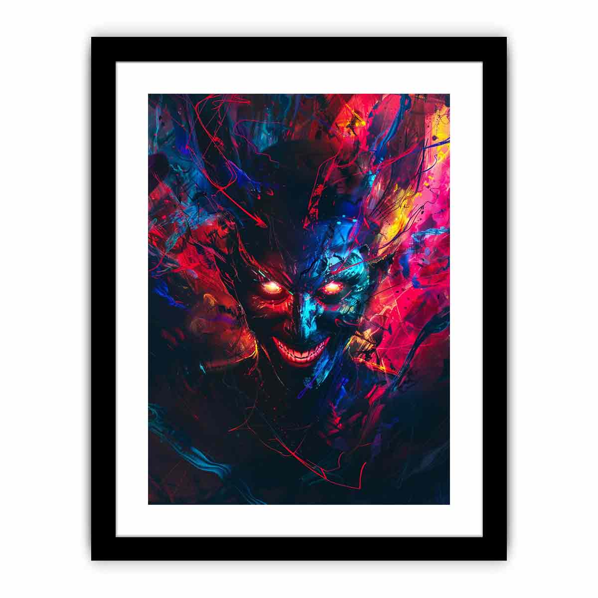 Neon demon face canvas art with glowing eyes and abstract graffiti energy for bold studio wall decor.