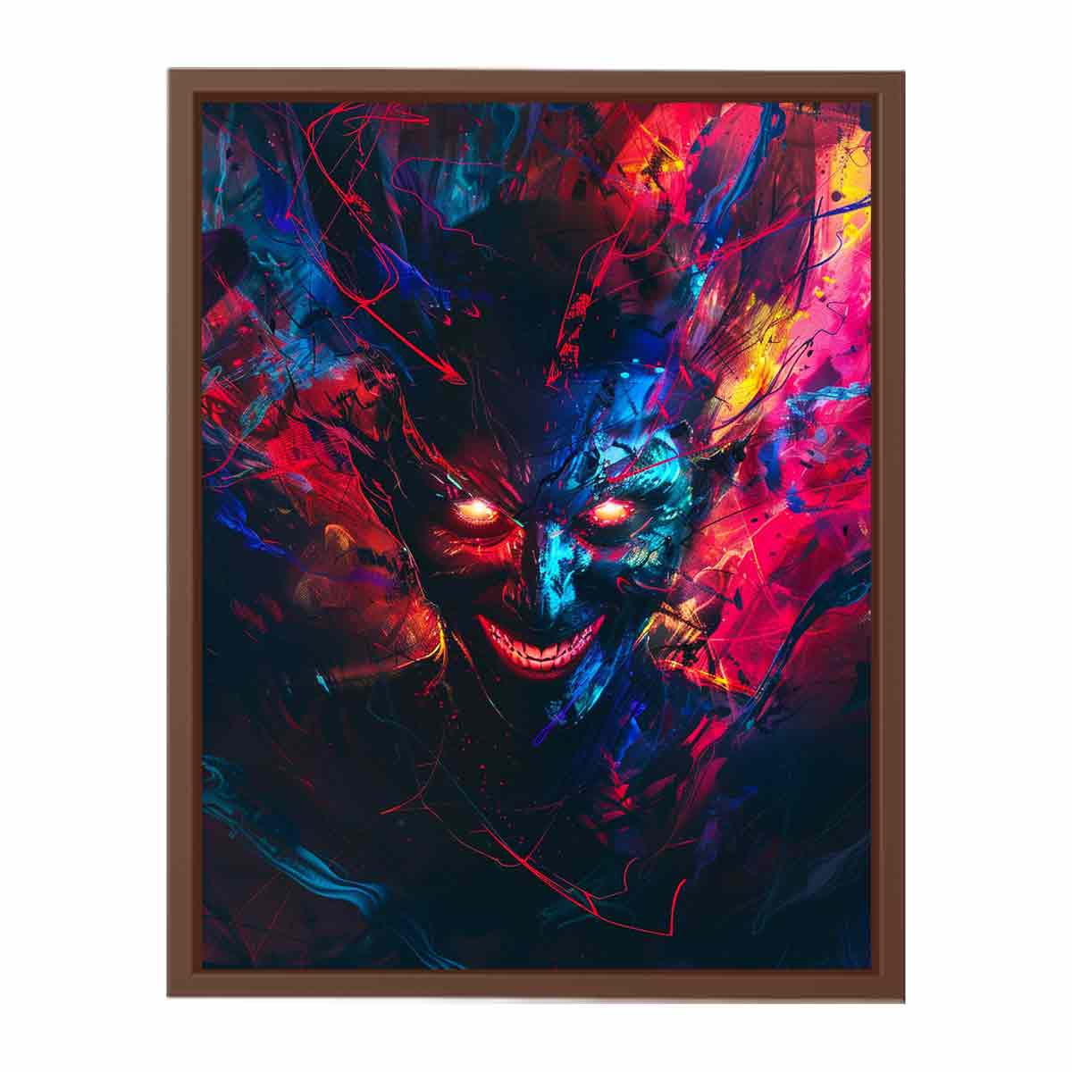 Neon demon face canvas art with glowing eyes and abstract graffiti energy for bold studio wall decor.
