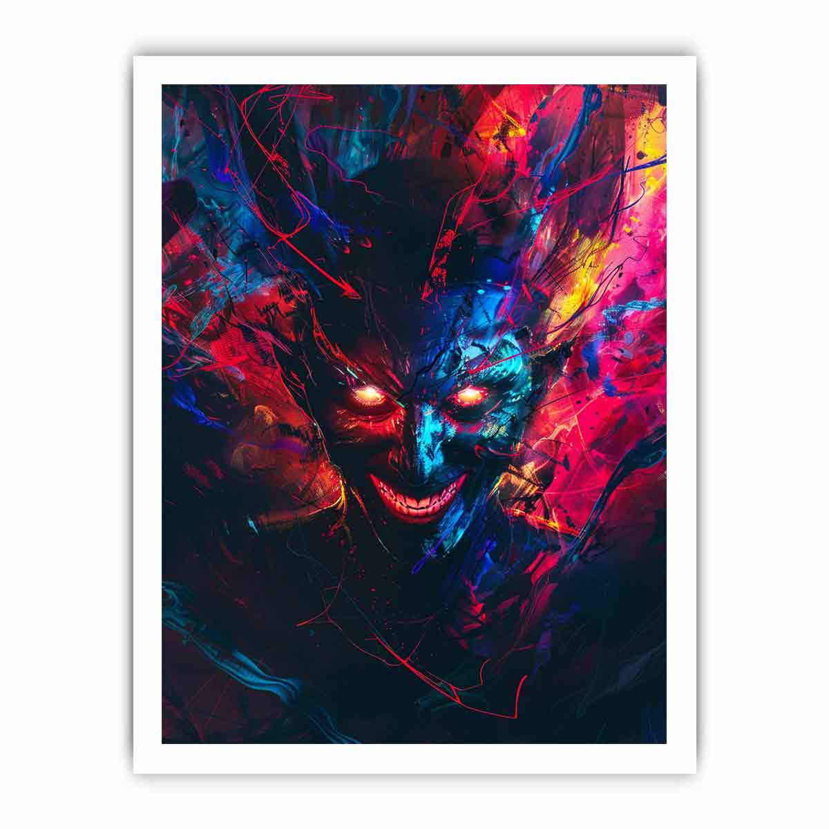 Neon demon face canvas art with glowing eyes and abstract graffiti energy for bold studio wall decor.