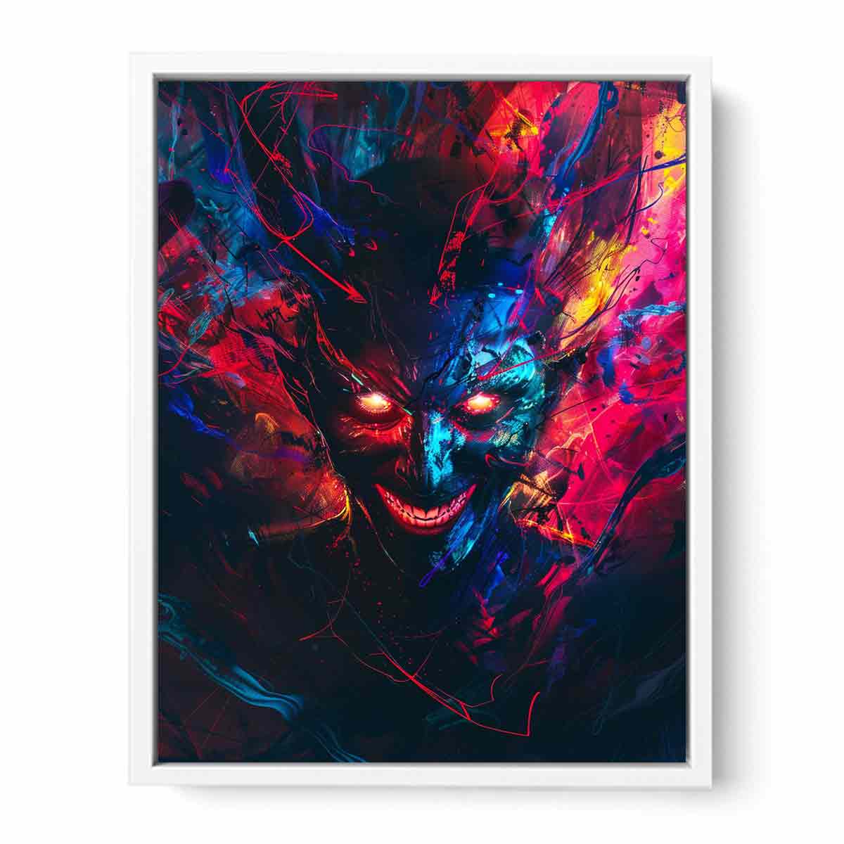 Neon demon face canvas art with glowing eyes and abstract graffiti energy for bold studio wall decor.