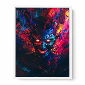 Neon demon face canvas art with glowing eyes and abstract graffiti energy for bold studio wall decor.