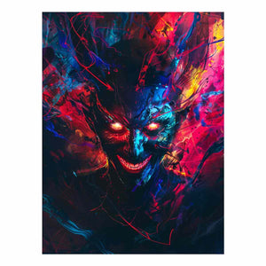 Neon demon face canvas art with glowing eyes and abstract graffiti energy for bold studio wall decor.