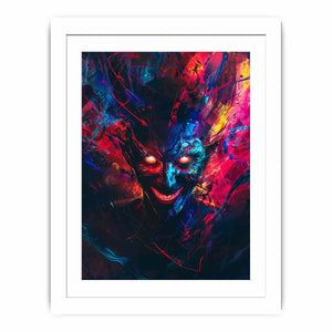 Neon demon face canvas art with glowing eyes and abstract graffiti energy for bold studio wall decor.