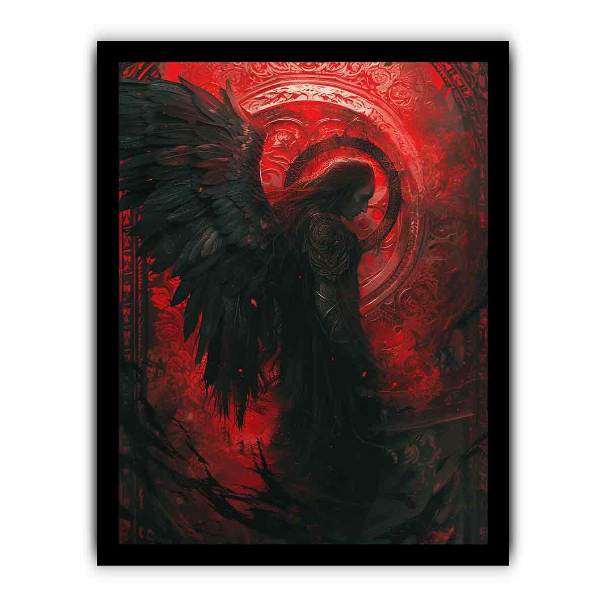 Dark angel canvas art with black wings and crimson ornate background for moody bedroom wall decor.