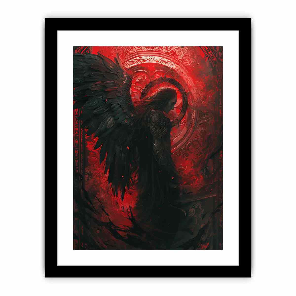 Dark angel canvas art with black wings and crimson ornate background for moody bedroom wall decor.