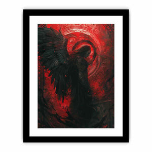 Dark angel canvas art with black wings and crimson ornate background for moody bedroom wall decor.