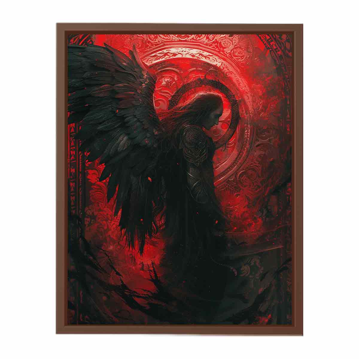 Dark angel canvas art with black wings and crimson ornate background for moody bedroom wall decor.