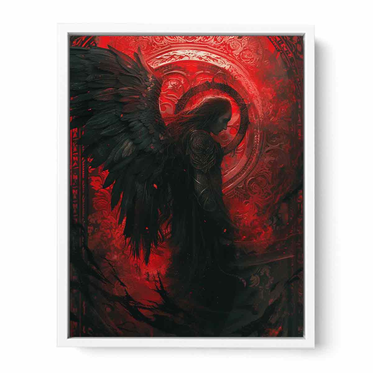 Dark angel canvas art with black wings and crimson ornate background for moody bedroom wall decor.