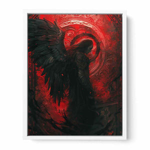 Dark angel canvas art with black wings and crimson ornate background for moody bedroom wall decor.