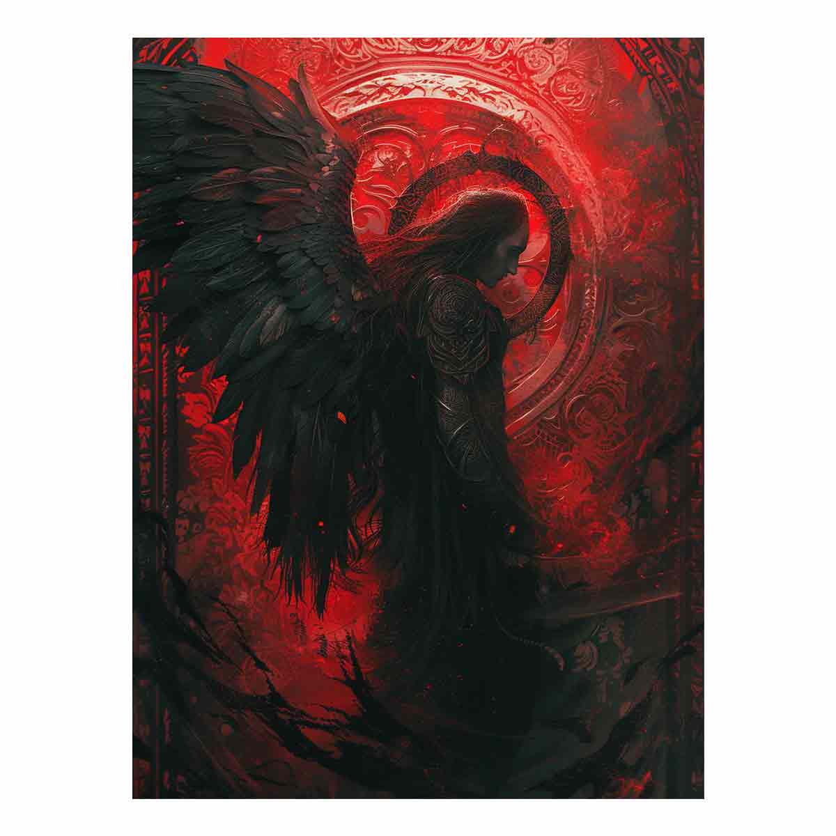 Dark angel canvas art with black wings and crimson ornate background for moody bedroom wall decor.
