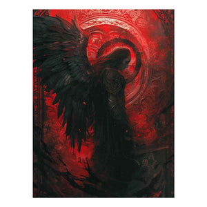 Dark angel canvas art with black wings and crimson ornate background for moody bedroom wall decor.