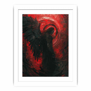 Dark angel canvas art with black wings and crimson ornate background for moody bedroom wall decor.
