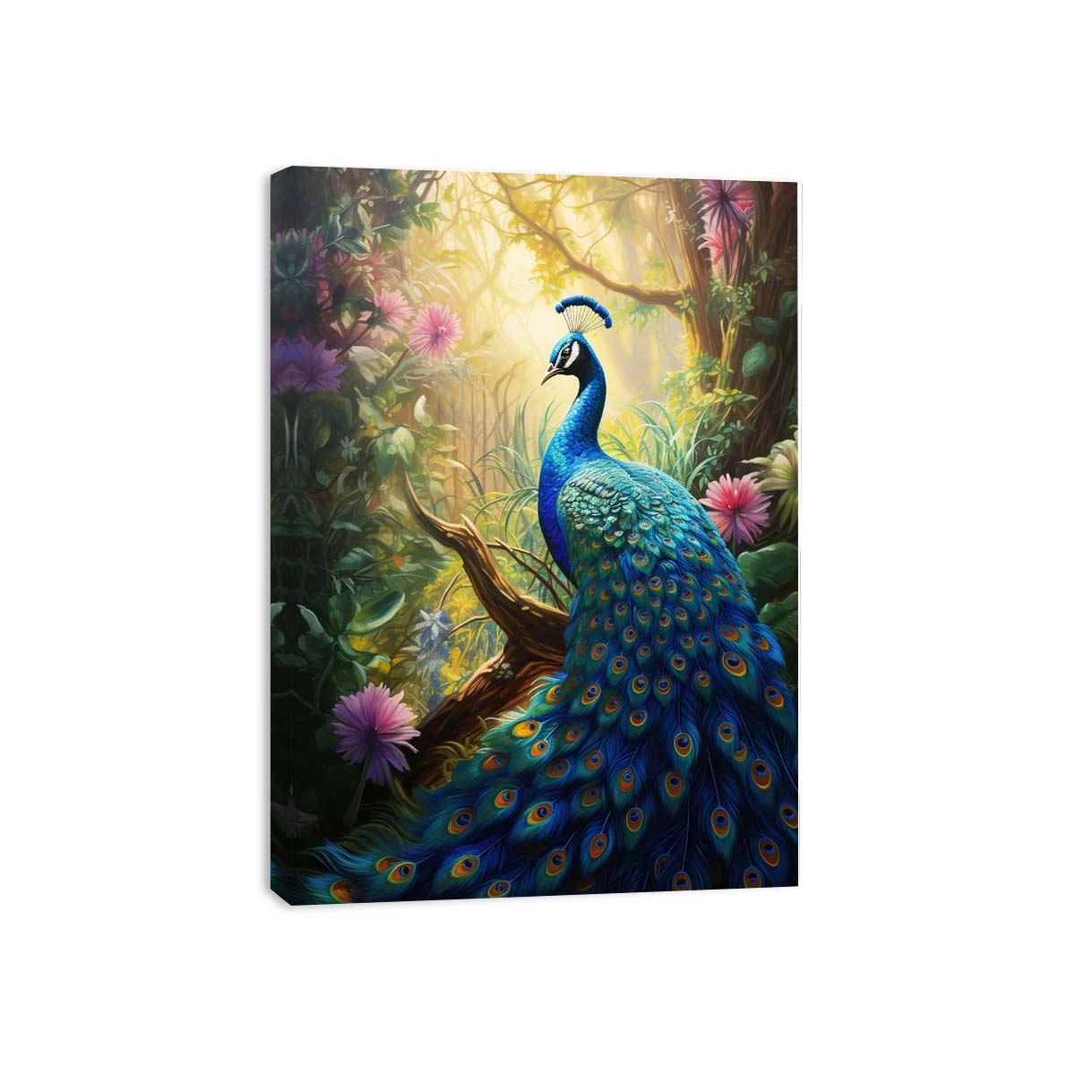 Sunlit blue peacock canvas art with lush flowers for vibrant living room decor.