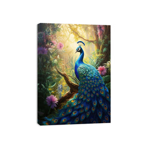 Sunlit blue peacock canvas art with lush flowers for vibrant living room decor.