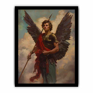 Classical winged angel warrior canvas with spear and red sash for elegant office or living room decor.