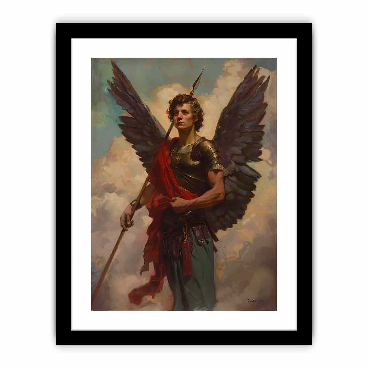 Classical winged angel warrior canvas with spear and red sash for elegant office or living room decor.