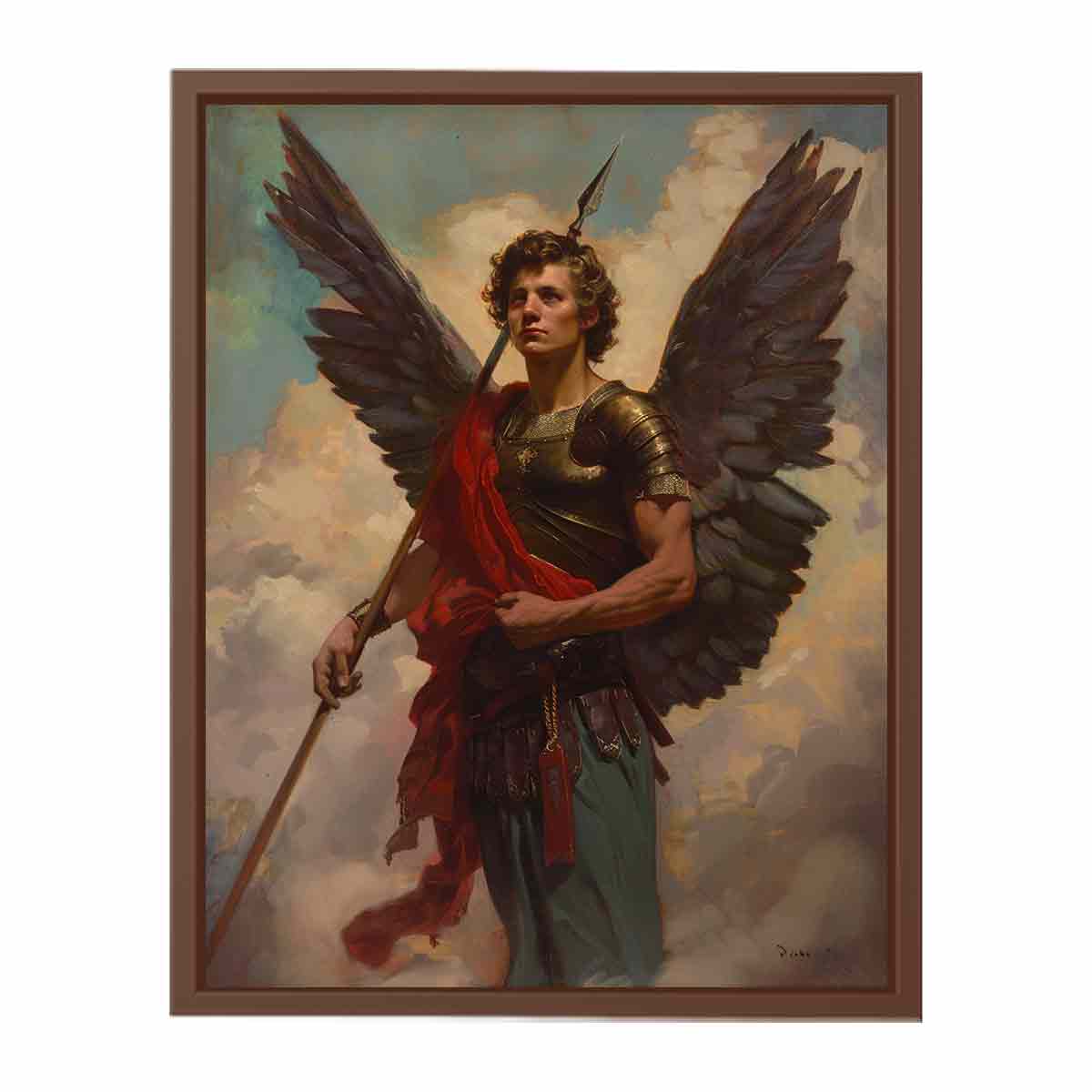 Classical winged angel warrior canvas with spear and red sash for elegant office or living room decor.
