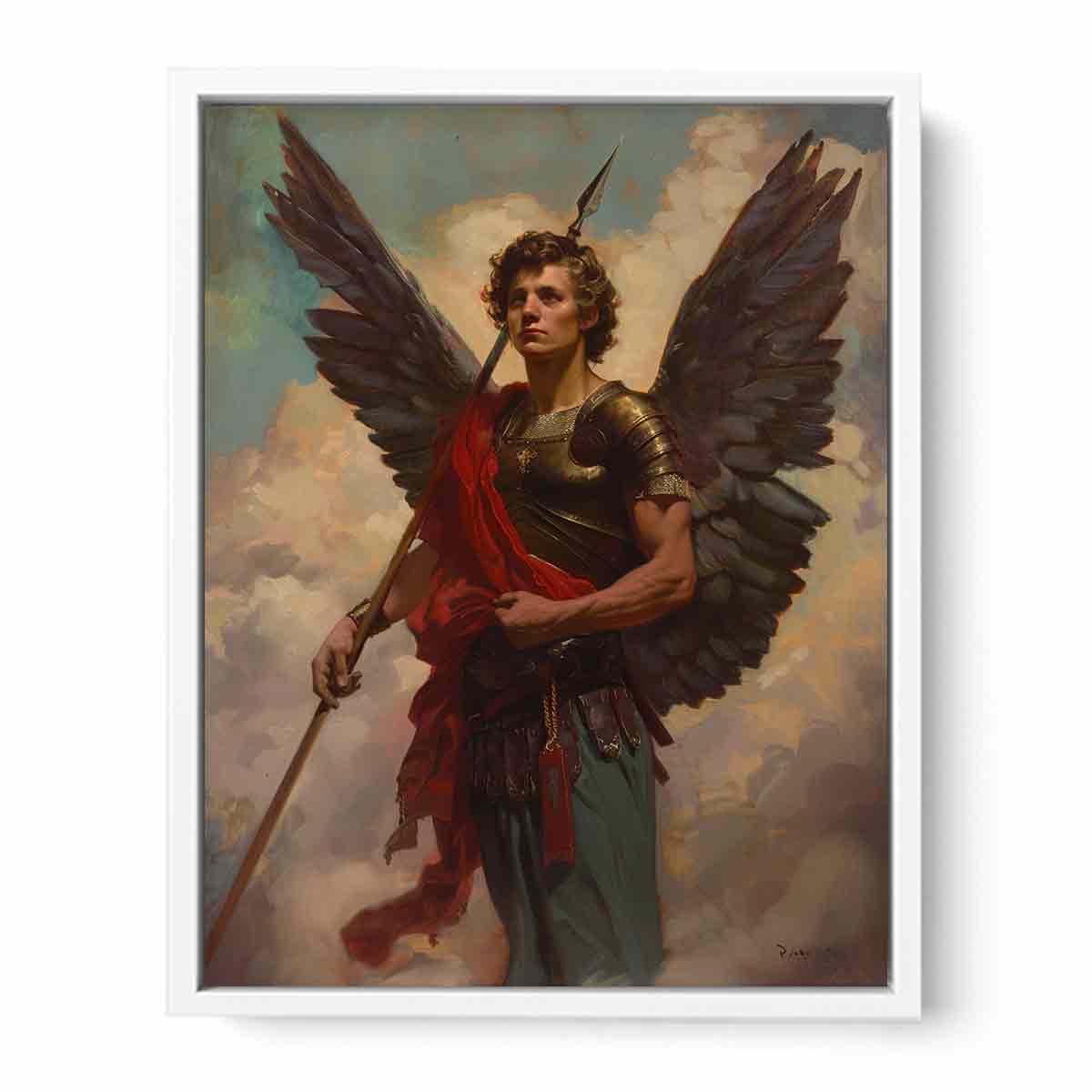 Classical winged angel warrior canvas with spear and red sash for elegant office or living room decor.