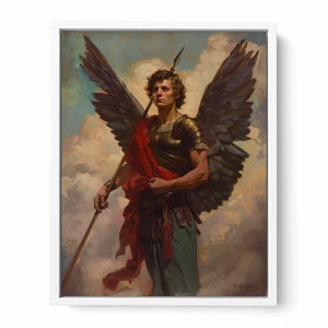 Classical winged angel warrior canvas with spear and red sash for elegant office or living room decor.