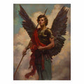 Classical winged angel warrior canvas with spear and red sash for elegant office or living room decor.