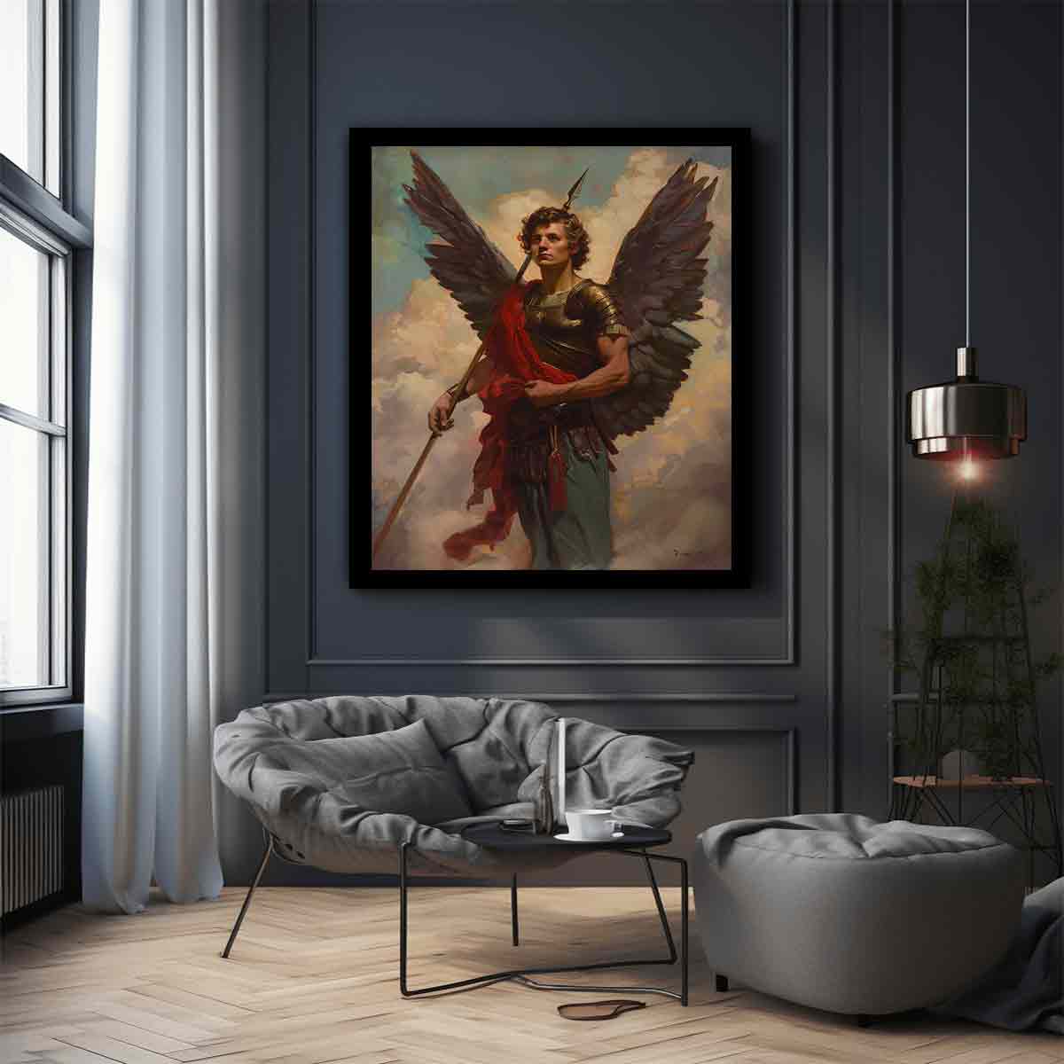 Classical winged angel warrior canvas with spear and red sash for elegant office or living room decor.