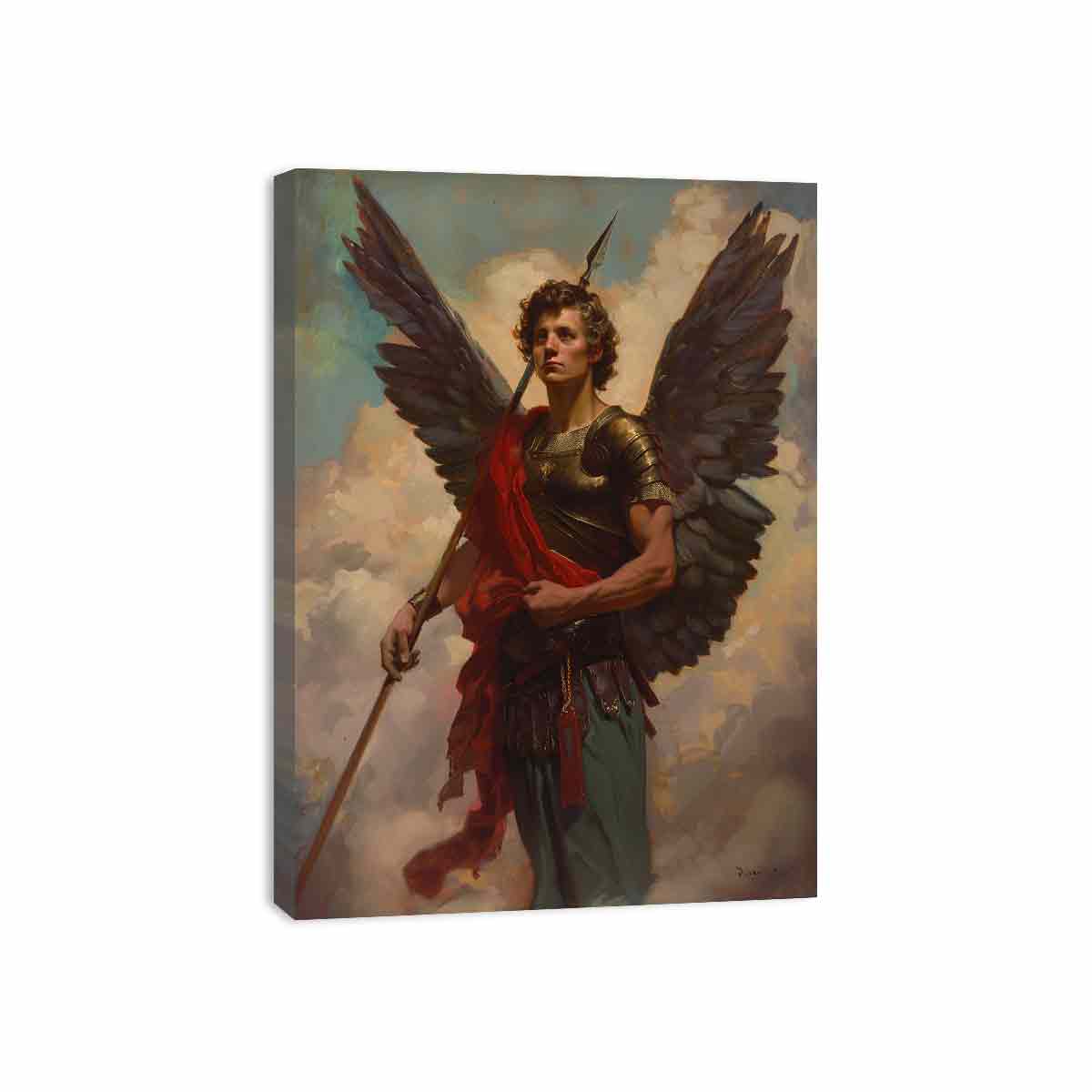 Classical winged angel warrior canvas with spear and red sash for elegant office or living room decor.