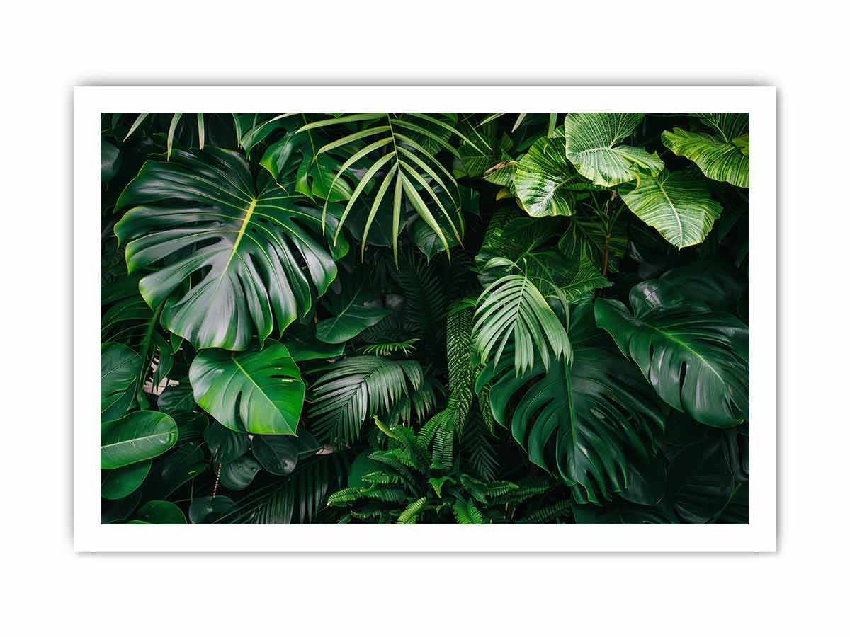 Tropical leaf photography canvas with monstera and palm foliage for fresh biophilic living room decor.