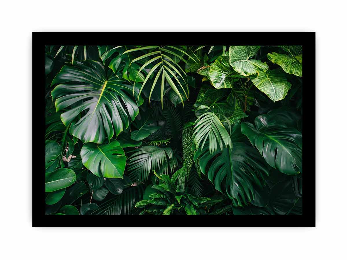 Tropical leaf photography canvas with monstera and palm foliage for fresh biophilic living room decor.