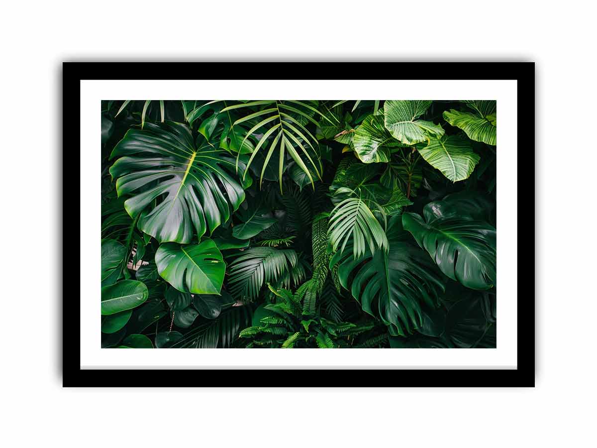 Tropical leaf photography canvas with monstera and palm foliage for fresh biophilic living room decor.
