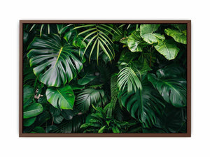 Tropical leaf photography canvas with monstera and palm foliage for fresh biophilic living room decor.