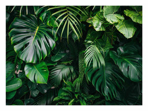 Tropical leaf photography canvas with monstera and palm foliage for fresh biophilic living room decor.