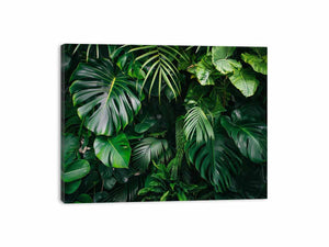 Tropical leaf photography canvas with monstera and palm foliage for fresh biophilic living room decor.