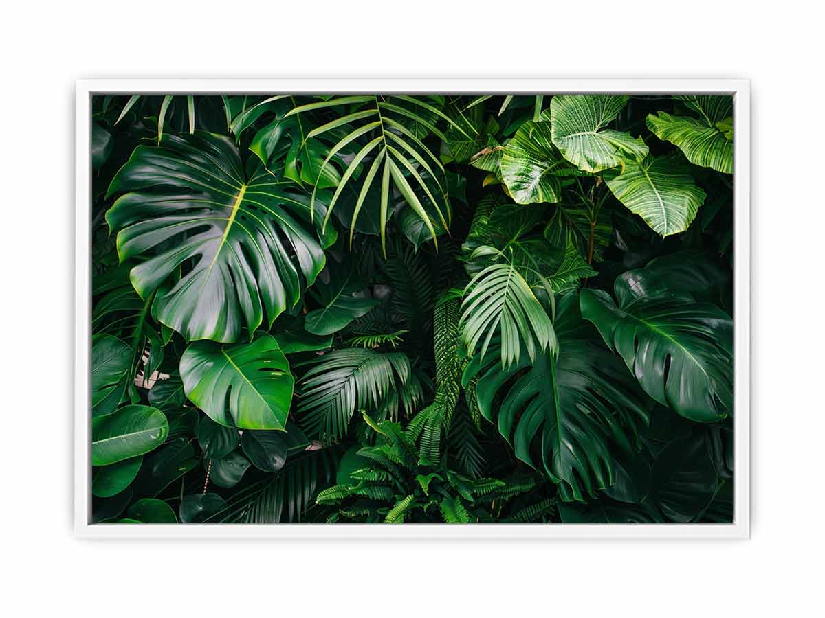 Tropical leaf photography canvas with monstera and palm foliage for fresh biophilic living room decor.
