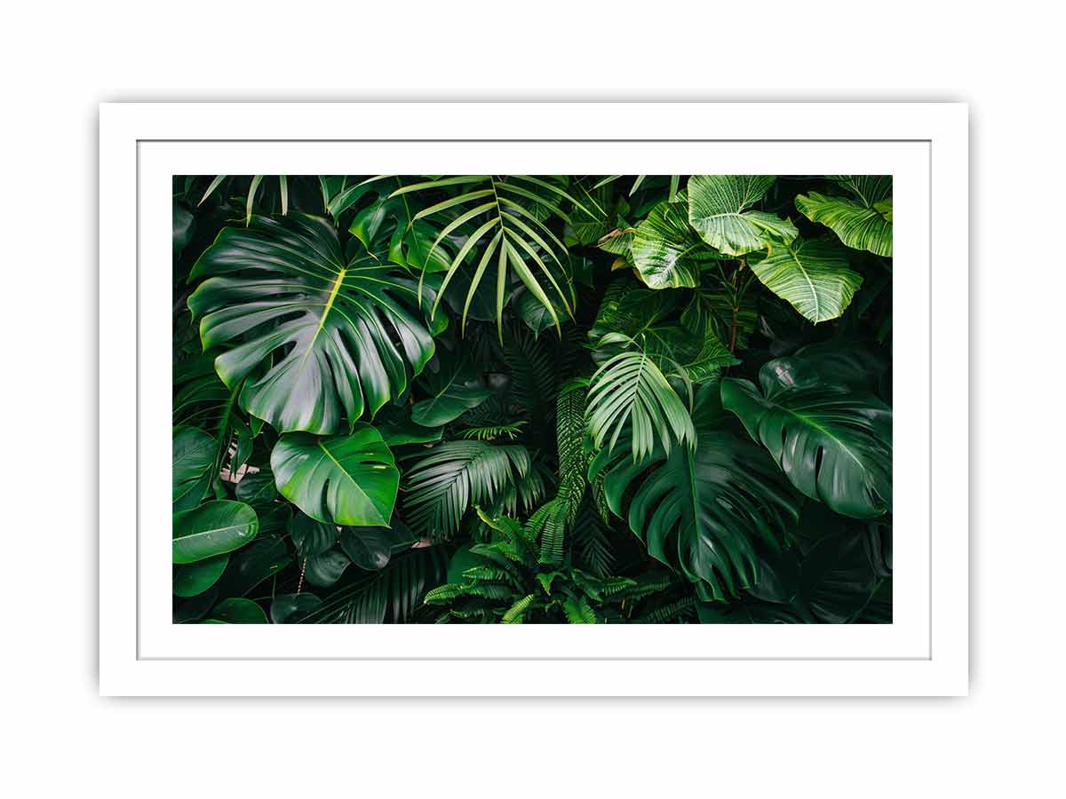 Tropical leaf photography canvas with monstera and palm foliage for fresh biophilic living room decor.