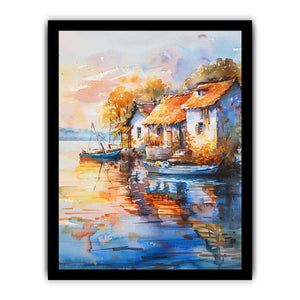 Watercolor harbor village canvas art with boats, reflections, and warm roofs for Mediterranean wall decor.