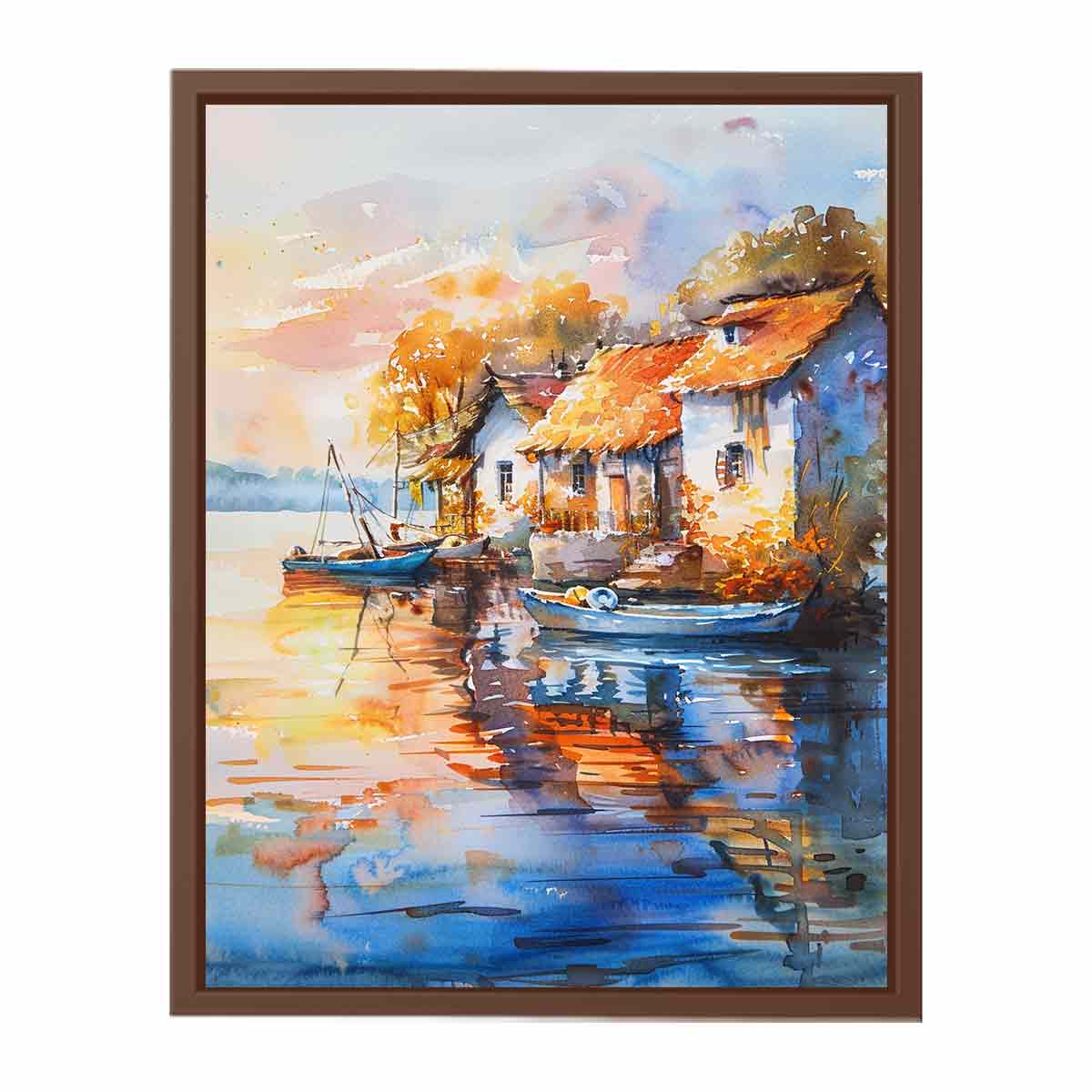 Watercolor harbor village canvas art with boats, reflections, and warm roofs for Mediterranean wall decor.