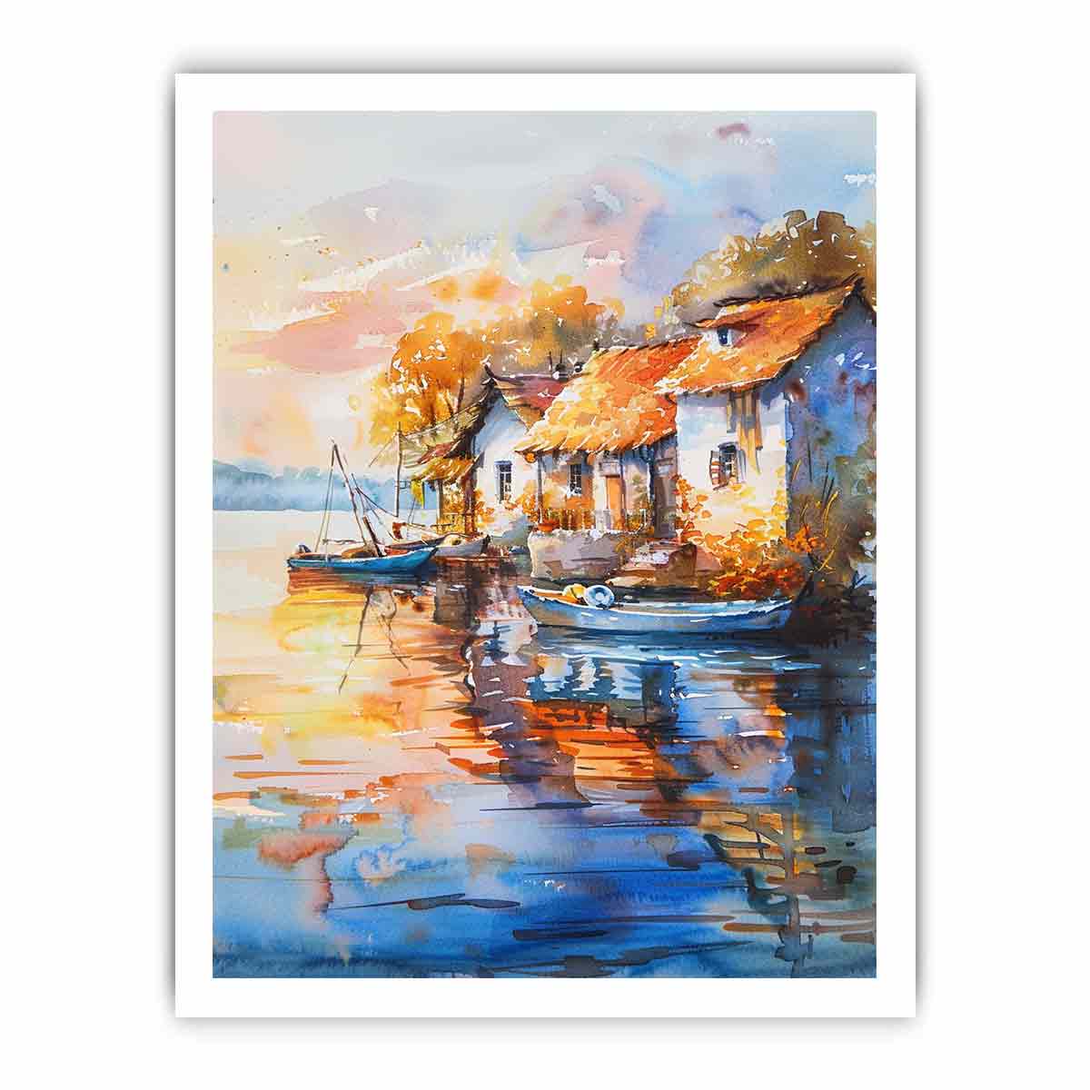 Watercolor harbor village canvas art with boats, reflections, and warm roofs for Mediterranean wall decor.