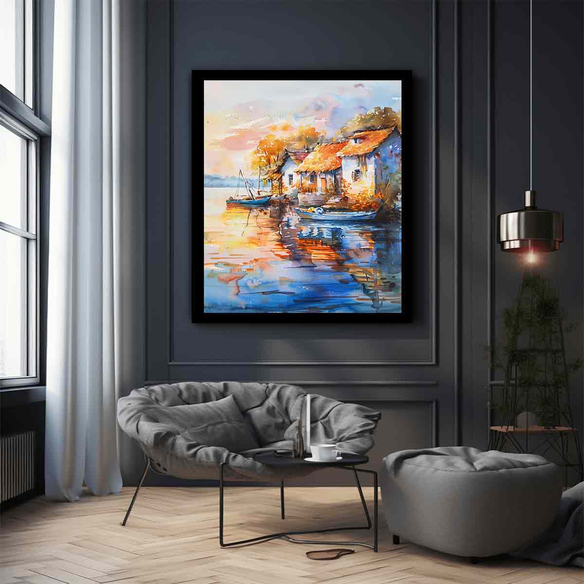 Watercolor harbor village canvas art with boats, reflections, and warm roofs for Mediterranean wall decor.