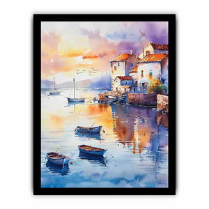 Watercolor coastal village canvas with boats, terracotta roofs, and sunset reflections for serene wall decor.