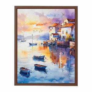 Watercolor coastal village canvas with boats, terracotta roofs, and sunset reflections for serene wall decor.