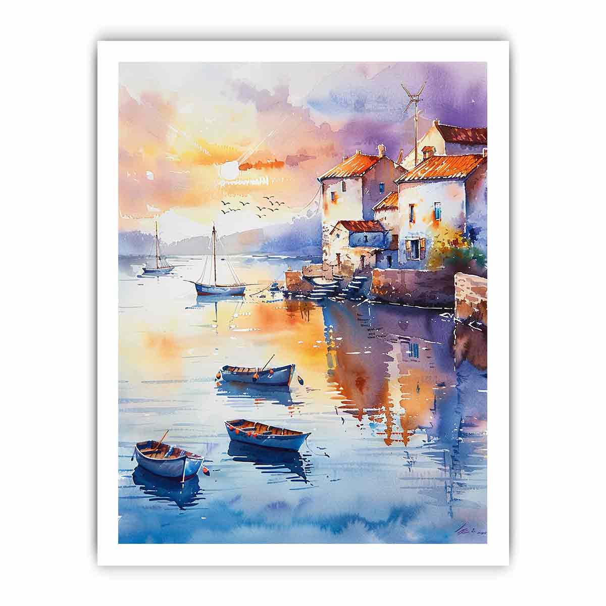 Watercolor coastal village canvas with boats, terracotta roofs, and sunset reflections for serene wall decor.