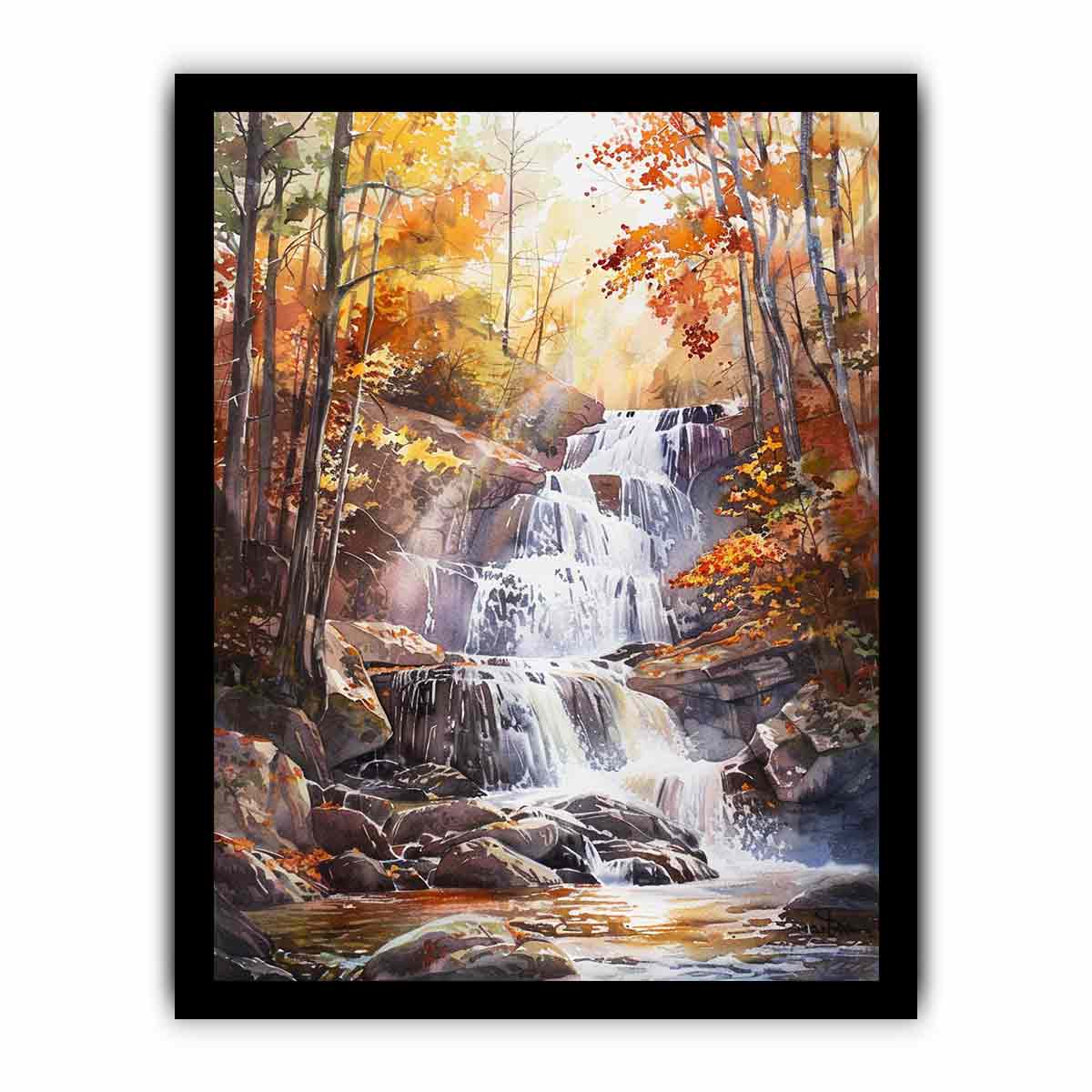 Autumn forest waterfall watercolor canvas art for peaceful living room decor.
