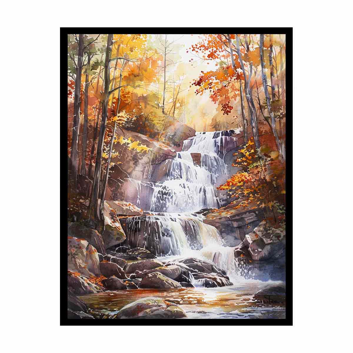 Autumn forest waterfall watercolor canvas art for peaceful living room decor.